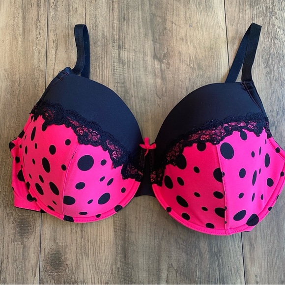 Pink and Black Polka Dot Lace Bra • Size 42DD • EUC - Picture 1 of 5